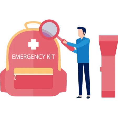 Hombre busca kit de emergencia  Ilustración