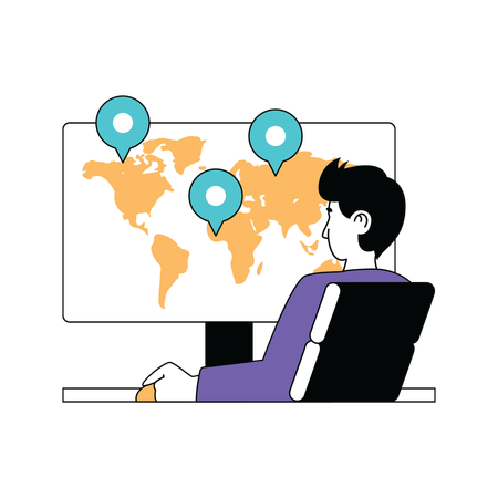 Hombre que busca una ubicación comercial global  Ilustración