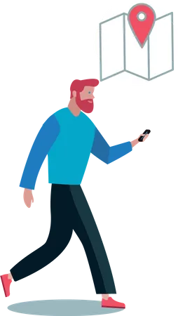 Hombre buscando ubicación desde el mapa de su teléfono mientras camina  Ilustración