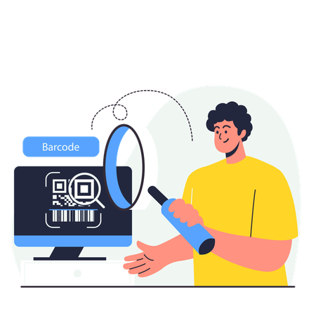 Hombre buscando un escáner de código de barras  Ilustración