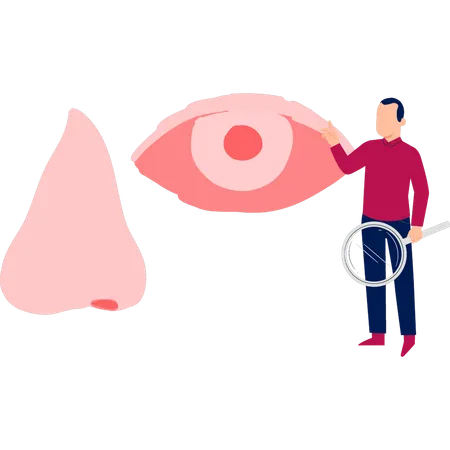 Hombre buscando gérmenes en el ojo  Ilustración