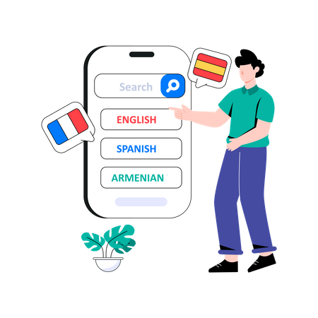 Hombre buscando un idioma extranjero en una aplicación móvil  Ilustración