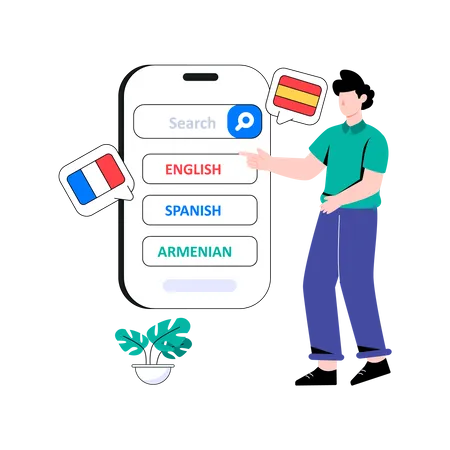 Hombre buscando un idioma extranjero en una aplicación móvil  Ilustración