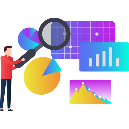 Hombre buscando sobre análisis de gráficos circulares  Ilustración