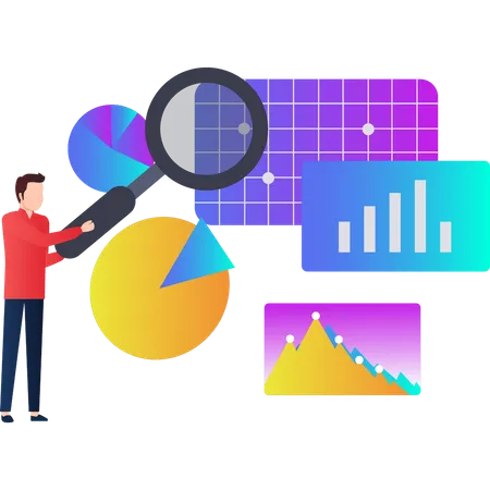 Hombre buscando sobre análisis de gráficos circulares  Ilustración