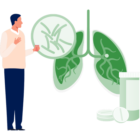 Hombre buscando sobre infección pulmonar  Ilustración