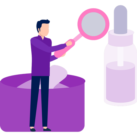 Hombre buscando una botella de suero con una lupa  Ilustración