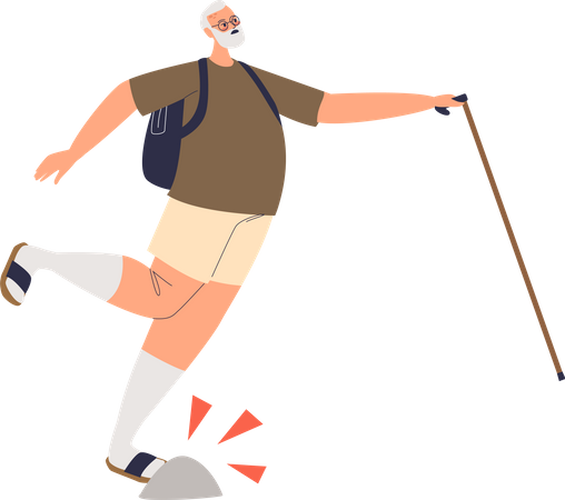 Hombre cae mientras caminaba con bastón  Ilustración