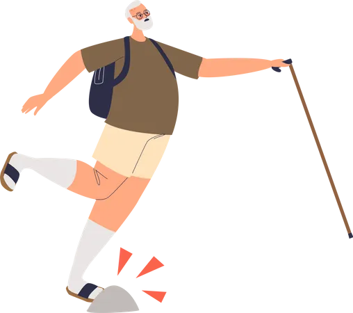 Hombre cae mientras caminaba con bastón  Ilustración