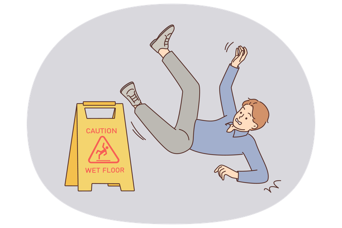 Un hombre cae cerca de una señal de advertencia con las palabras "Precaución, piso mojado" debido a negligencia y falta de atención.  Ilustración