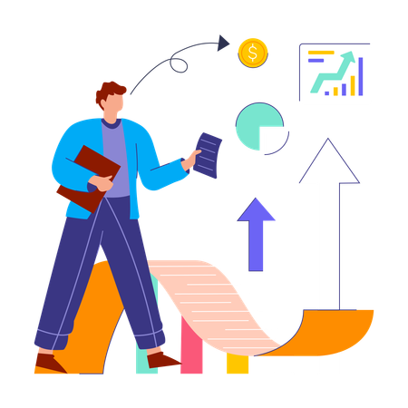 Hombre calculando el presupuesto de marketing  Ilustración