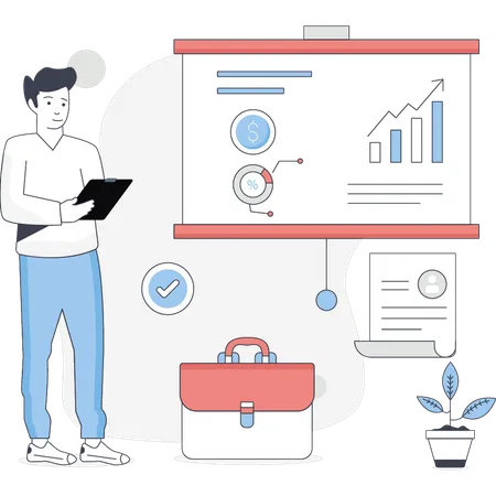 Hombre calculando y analizando datos financieros  Ilustración