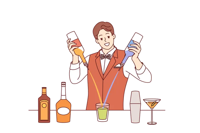 Un barman mezcla cócteles de diferentes bebidas alcohólicas en el mostrador del bar de la discoteca  Ilustración