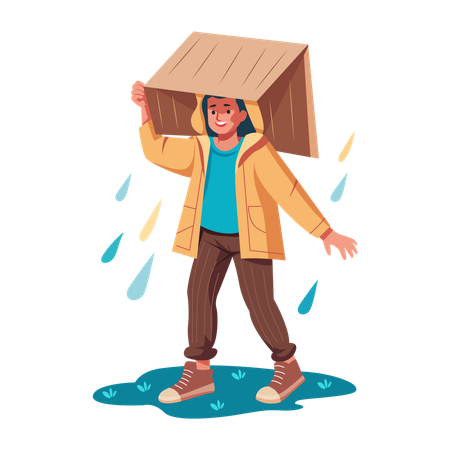 Hombre camina bajo una fuerte lluvia  Ilustración