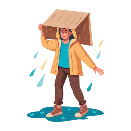 Hombre camina bajo una fuerte lluvia  Ilustración