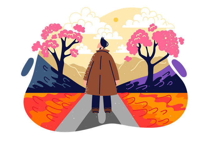 El hombre camina en el parque de otoño  Ilustración