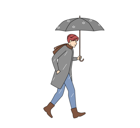 Hombre caminando bajo la lluvia con paraguas  Ilustración