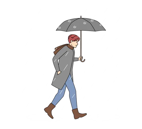 Hombre caminando bajo la lluvia con paraguas  Ilustración