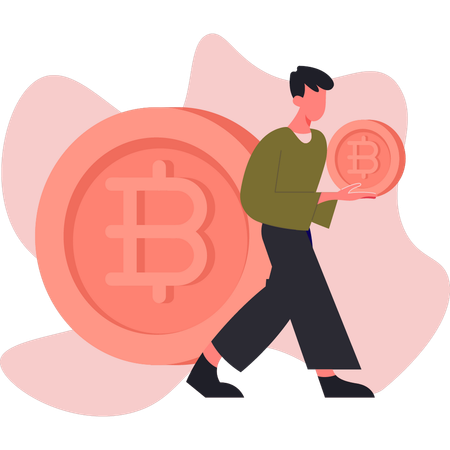 Hombre caminando cerca de Bitcoin  Ilustración