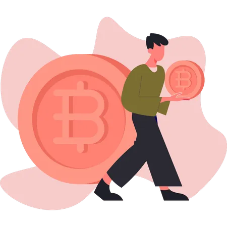 Hombre caminando cerca de Bitcoin  Ilustración