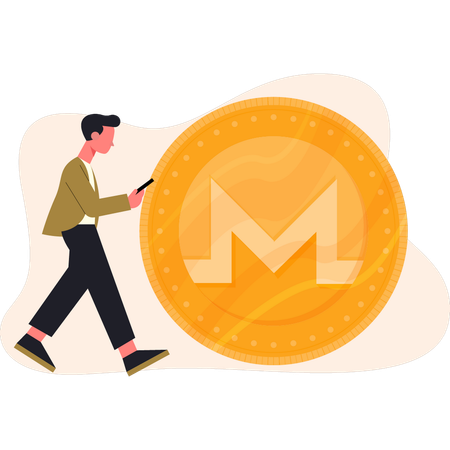 Hombre caminando cerca de la moneda Monero  Ilustración