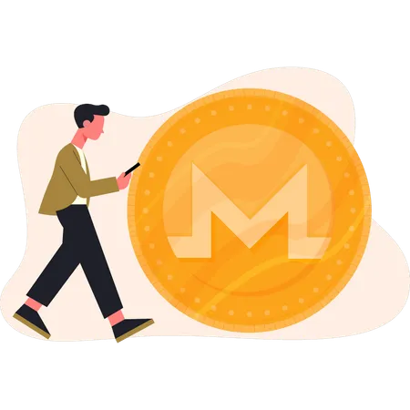 Hombre caminando cerca de la moneda Monero  Ilustración