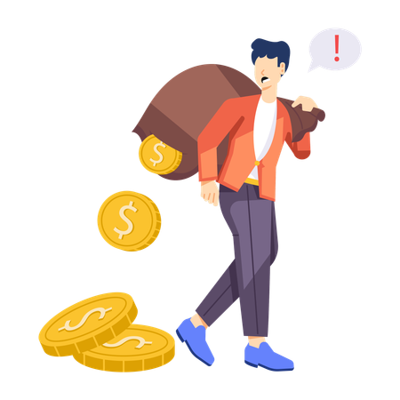 Hombre caminando con bolsa de dinero mientras pierde dinero  Ilustración