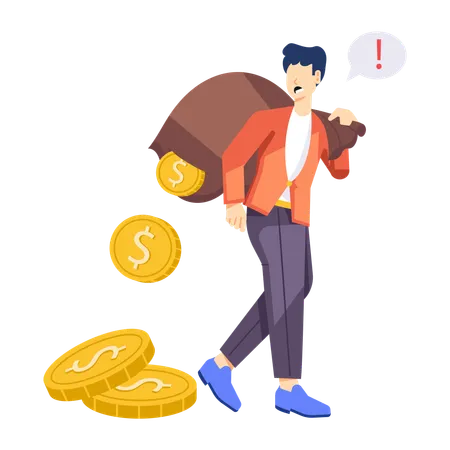 Hombre caminando con bolsa de dinero mientras pierde dinero  Ilustración