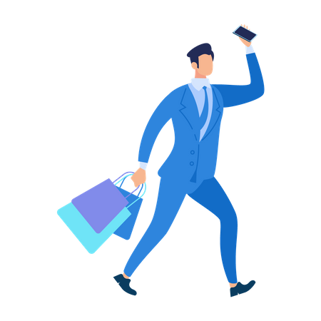 Hombre caminando con bolsas de compras y teléfono inteligente  Ilustración