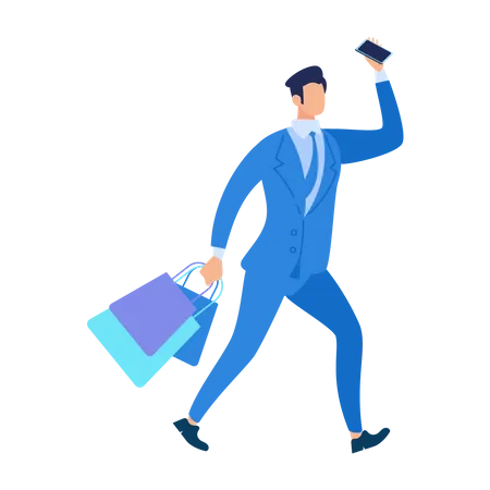 Hombre caminando con bolsas de compras y teléfono inteligente  Ilustración