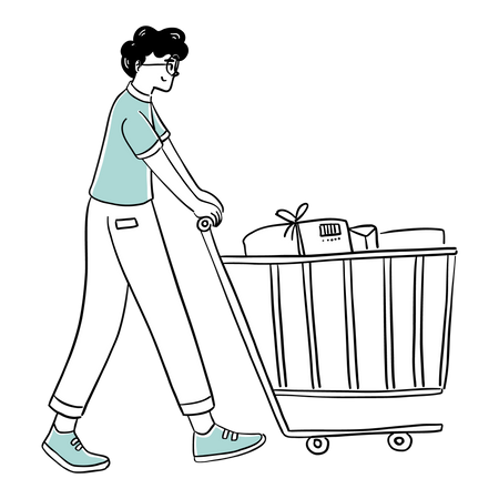 Hombre caminando con carrito de compras  Ilustración