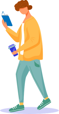 Hombre caminando con libro y vaso de café  Ilustración