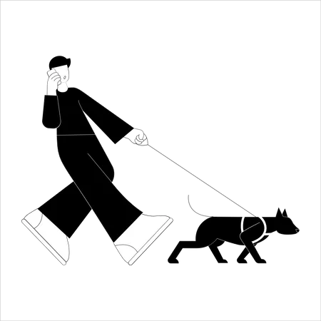 Hombre caminando con mascota mientras habla de guardia  Ilustración