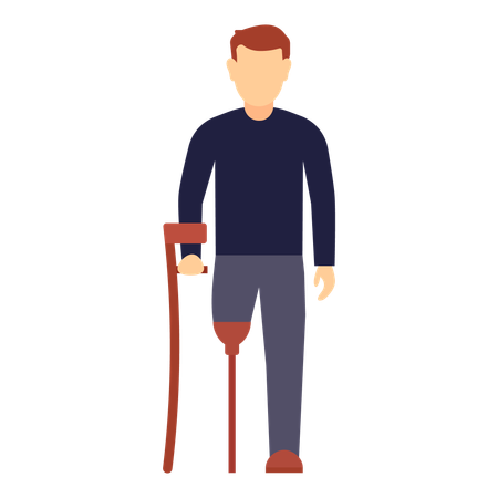 Hombre caminando con muletas y pierna protésica  Ilustración