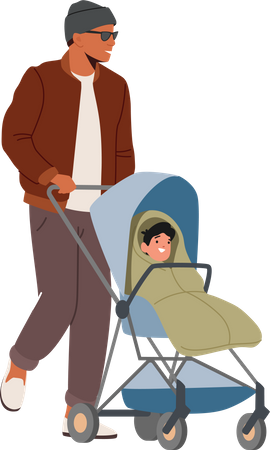 Hombre caminando con niño en carruaje  Ilustración
