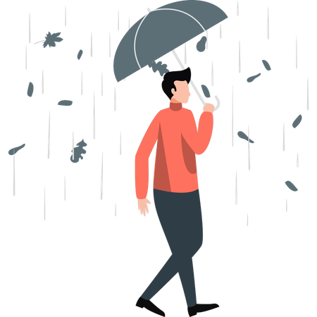 Hombre caminando con paraguas en tiempo lluvioso  Ilustración