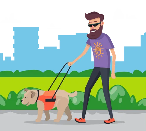 Hombre caminando con perro en el parque de la ciudad  Ilustración