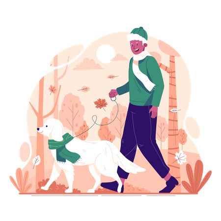 Hombre caminando con perro en el parque en otoño  Ilustración