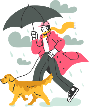 Hombre caminando con perro en tiempo lluvioso  Ilustración