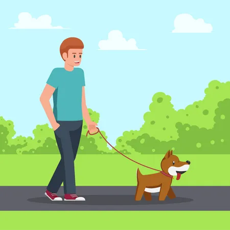 Hombre caminando con perro en el parque  Ilustración