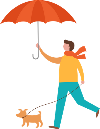 Hombre caminando con su perro mientras sostiene el paraguas  Ilustración
