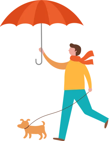 Hombre caminando con su perro mientras sostiene el paraguas  Ilustración