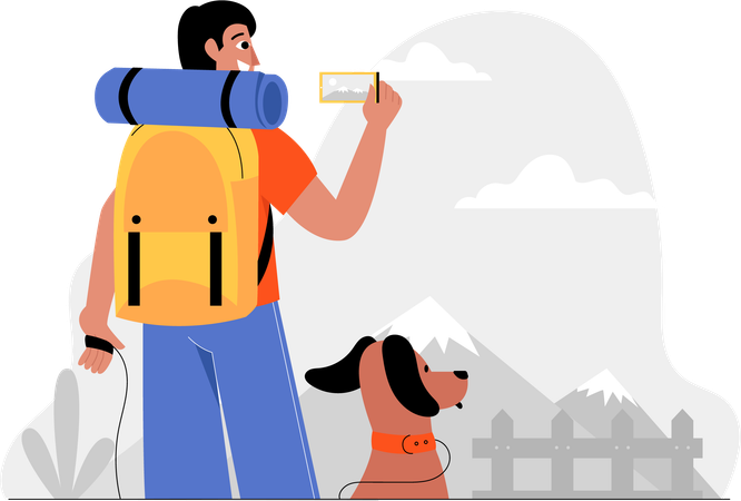 Hombre paseando con su perro y tomando fotografías del paisaje  Ilustración