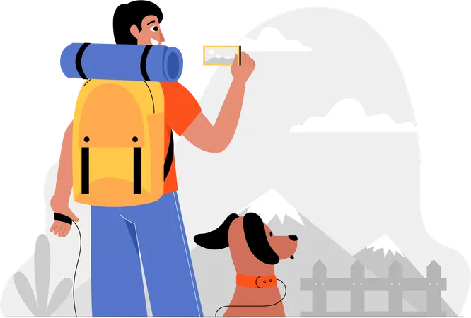 Hombre paseando con su perro y tomando fotografías del paisaje  Ilustración