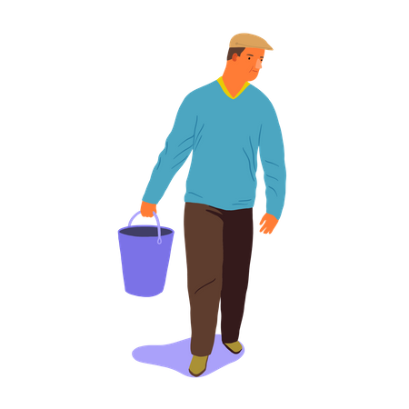 Hombre caminando con un balde en la mano  Ilustración