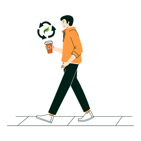 Hombre caminando con un vaso reciclable Estilo de vida ecológico  Illustration