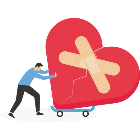 Hombre caminando con vendaje reparado en forma de corazón  Ilustración