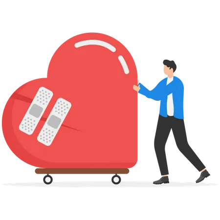 Hombre caminando con vendaje reparado en forma de corazón  Ilustración