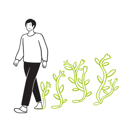 Hombre caminando conscientemente con plantas floreciendo  Ilustración