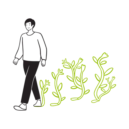 Hombre caminando conscientemente con plantas floreciendo  Ilustración